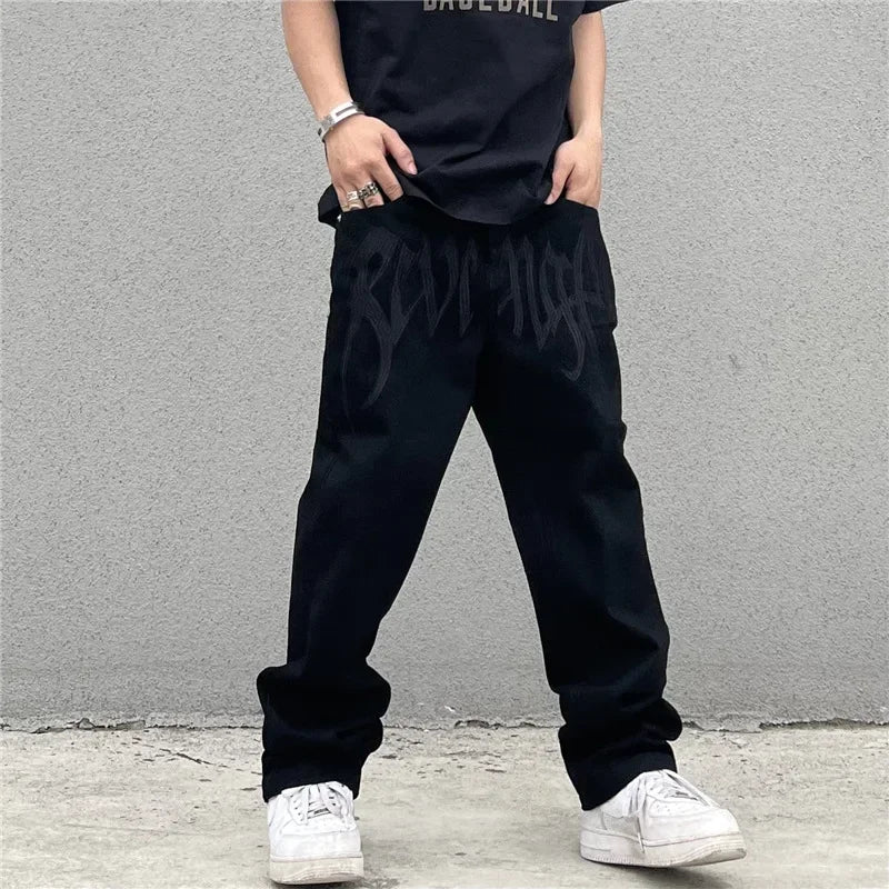 2024 New American Style Embroidered Letters Black Loose Jeans for Men Retro Street Hip Hop Y2K Men's Straight Denim Trousers