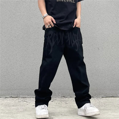 2024 New American Style Embroidered Letters Black Loose Jeans for Men Retro Street Hip Hop Y2K Men's Straight Denim Trousers