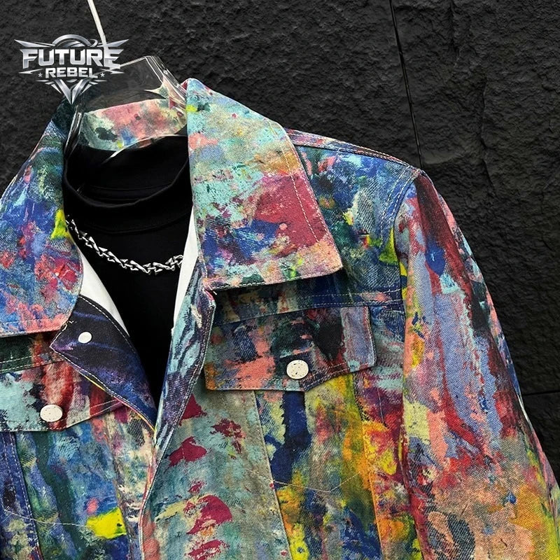 Y2K Graffiti Painting Printed Denim Jacket Men Streetwear Casual Loose Fashion Hip Hop Colorful Gothic Jacket Harajuku Unisex