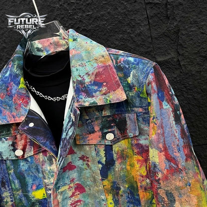 Y2K Graffiti Painting Printed Denim Jacket Men Streetwear Casual Loose Fashion Hip Hop Colorful Gothic Jacket Harajuku Unisex