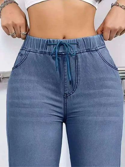 Women's Straight-Leg Jeans Elastic Waistband Drawstring Comfort Fit Casual Stretch Denim Pants