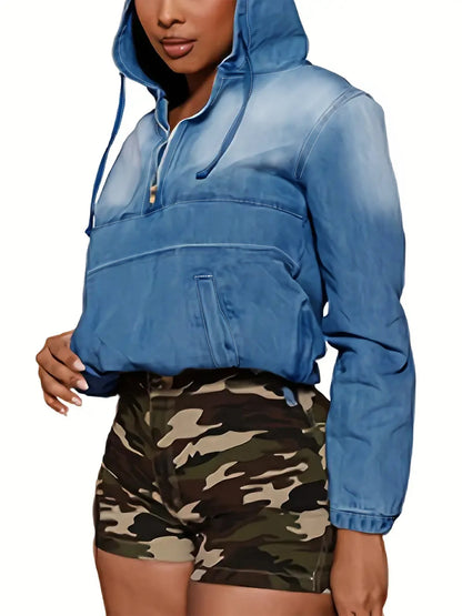 plus Size Women's Casual Hooded Denim Jacket Washed Comfortable Loose Fit Denim Coat for Women