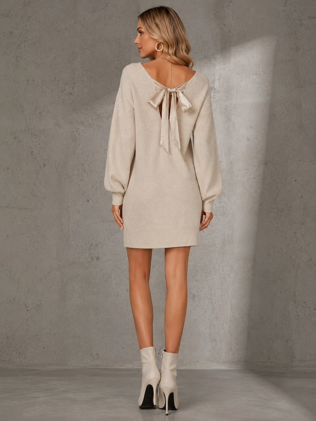 Women V‑Neck Oversized Knit Sweater Dress, Back Satin Bow Tie‑Back Long Puff Sleeve Loose Mini Knit Dress for Fall Party Daily Going‑Out Outfit