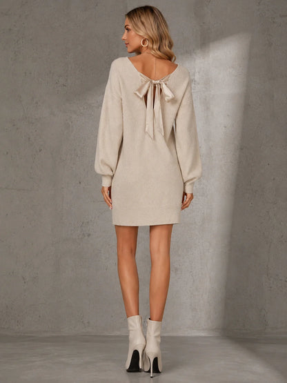 Women V‑Neck Oversized Knit Sweater Dress, Back Satin Bow Tie‑Back Long Puff Sleeve Loose Mini Knit Dress for Fall Party Daily Going‑Out Outfit