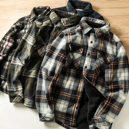 Winter Men's Plaid Flannel Shirts Thick Fleece Jacket Quilted Lined Long Sleeve Lamb Wool Checkered Shirt