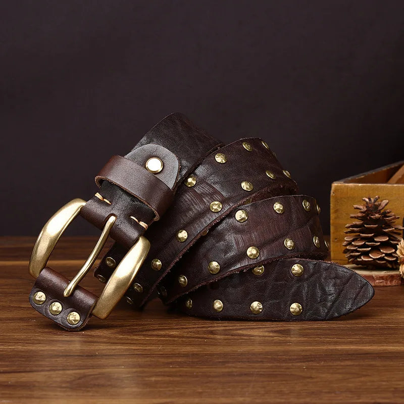 Punk Trend Rivet Men Belt Thicken Genuine Leather Brass Pin buckle Washed Retro Distressed Pure Cowhide Personalized Denim Belt