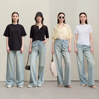 Amii Women's Jeans 2026 Summer New Casual Cotton Wide Leg Pants Silver Foil Print Versatile Loose Fit Denim Trousers 12652046