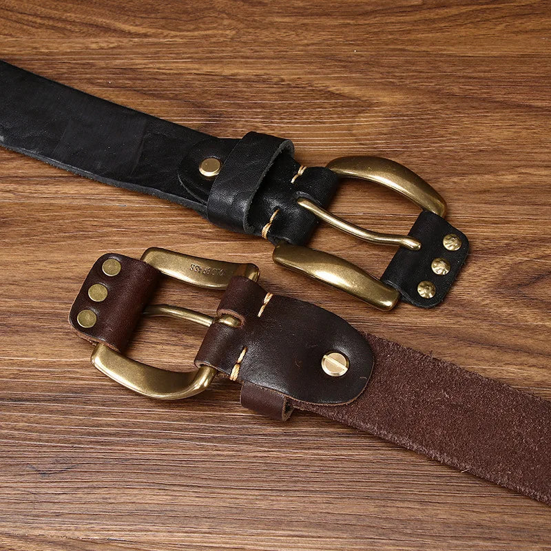 Punk Trend Rivet Men Belt Thicken Genuine Leather Brass Pin buckle Washed Retro Distressed Pure Cowhide Personalized Denim Belt