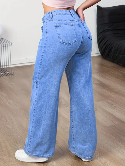 Women's Wide-Leg Casual Trousers Denim Stretch Multi-Pocket Long Pants Comfortable Fit Denim Jeans