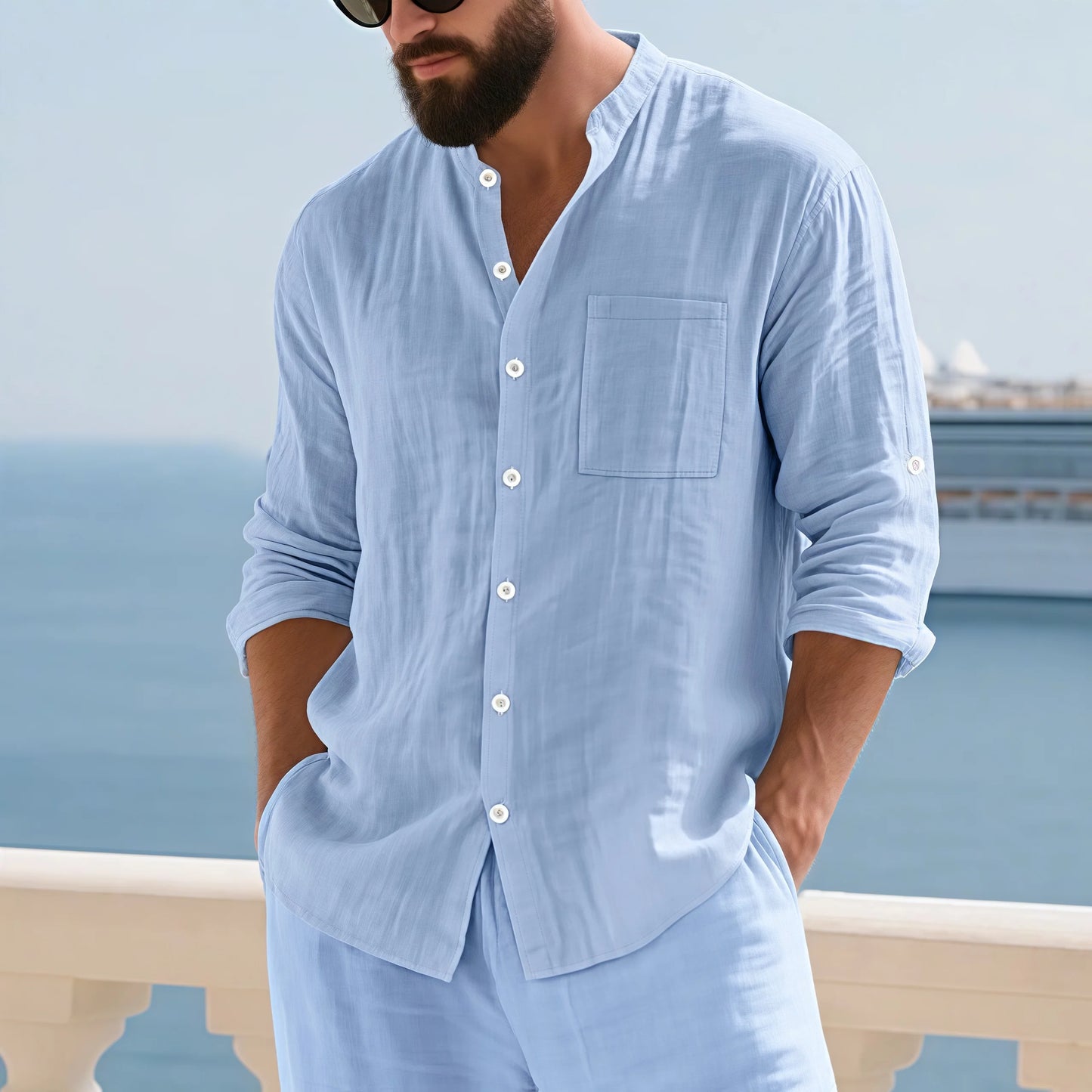 Men White Linen Button Down Long Sleeve Shirt Mandarin Collar Chest Pocket Roll Tab Cuff Loose Oversized Breathable Textured Beach Vacation Casual Holiday Top