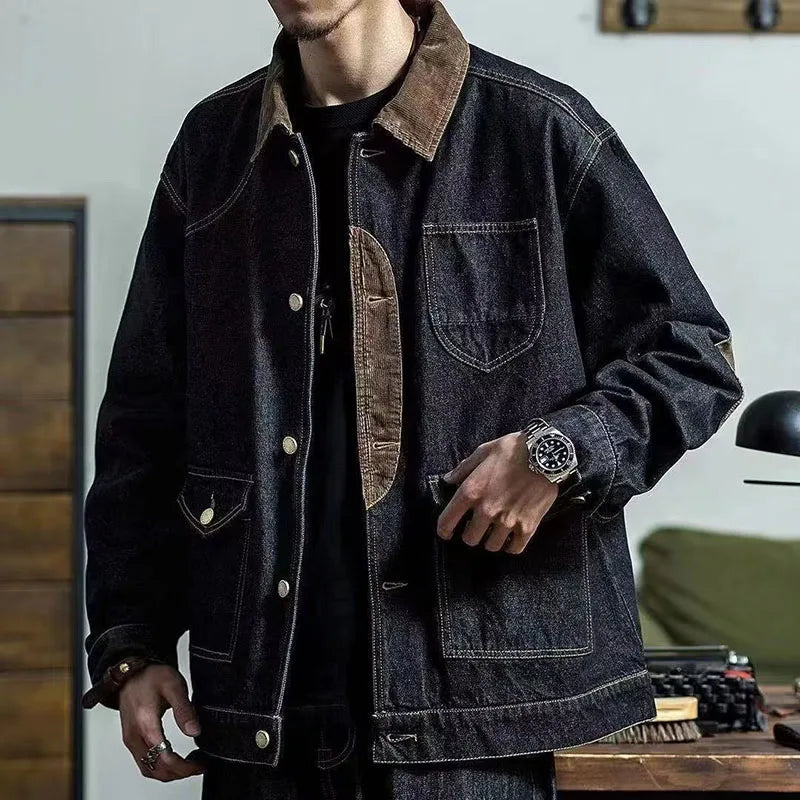 Spring And Autumn Denim Workwear Retro Hunting Jacket Denim Hardman Jacket Casual Loose Men'S Collar Denim Jacket