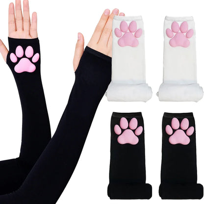 Cute Cat Paw Fingerless Gloves, Soft Stretchy with 3D Pads, UV Protection Kawaii Harajuku Anime Cosplay Accessory for Girls & Women