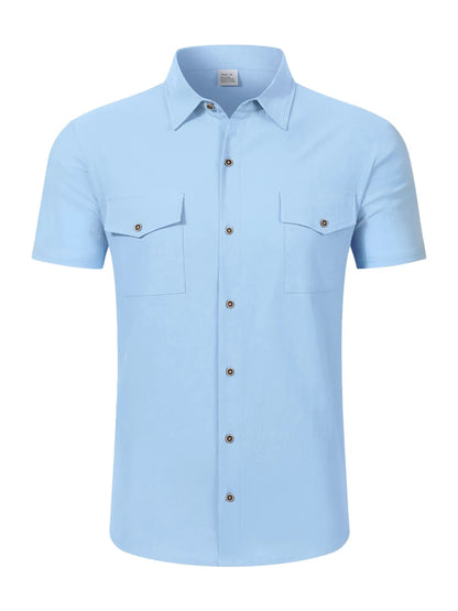 2026 Men's Short Sleeve Linen Blend Shirt Solid Color Loose Casual Tops royal pop swatch devocional café com deus pai Style