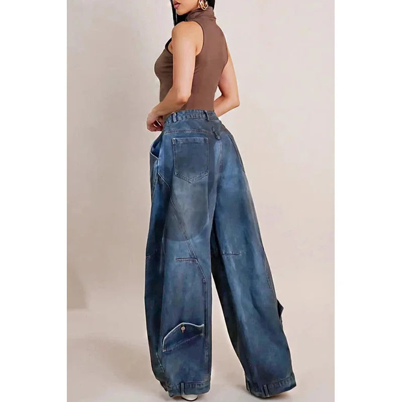 Y2K Women Loose Denim Jeans Asymmetric Button Pocket Washed Jean Casual Harajuku High Street Grunge Denim Trouders Pants