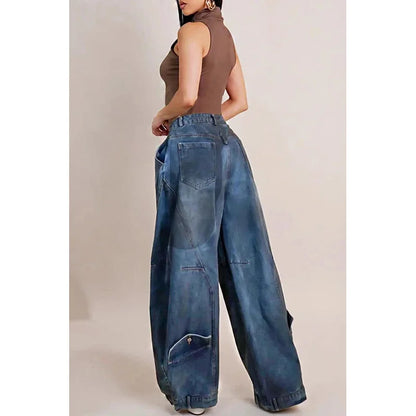 Y2K Women Loose Denim Jeans Asymmetric Button Pocket Washed Jean Casual Harajuku High Street Grunge Denim Trouders Pants