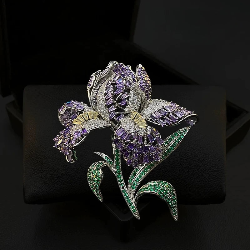 Luxury Handmade Iris Flower Brooch Sparkling Purple Zircon Vintage Lapel Pin Women Suit Coat Wedding Party Daily Jewelry Gift