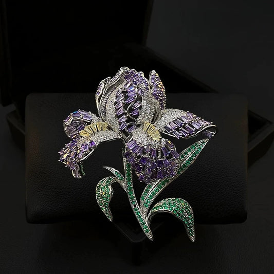 Luxury Handmade Iris Flower Brooch Sparkling Purple Zircon Vintage Lapel Pin Women Suit Coat Wedding Party Daily Jewelry Gift
