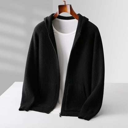 New Men's Thick Zipper Hoodie Cardigan100% Merino Wool Knitted Sweater Casual Loose Autumn/Winter Warm Hoodie Long Sleeve Jacket
