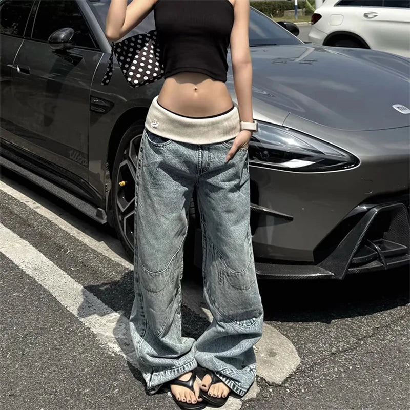 Women Vintage Blue Thread Elastic Waist Baggy Jeans American Retro Washed Denim Pants Streetwear Casual Mom Bf Trousers