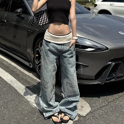 Women Vintage Blue Thread Elastic Waist Baggy Jeans American Retro Washed Denim Pants Streetwear Casual Mom Bf Trousers