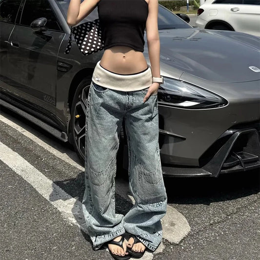 Women Vintage Blue Thread Elastic Waist Baggy Jeans American Retro Washed Denim Pants Streetwear Casual Mom Bf Trousers