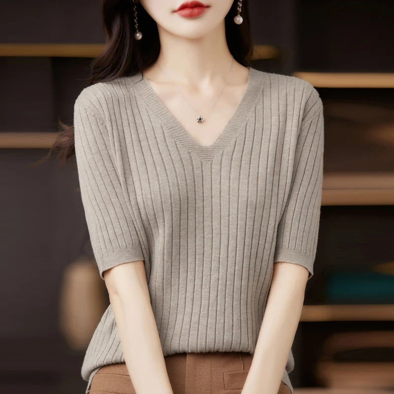 Women's Sweater Spring Summer Short Sleeve V-neck Knit Shirt Casual Pullovers Stripe Bottoming Shirt Slim Fit Jumpers