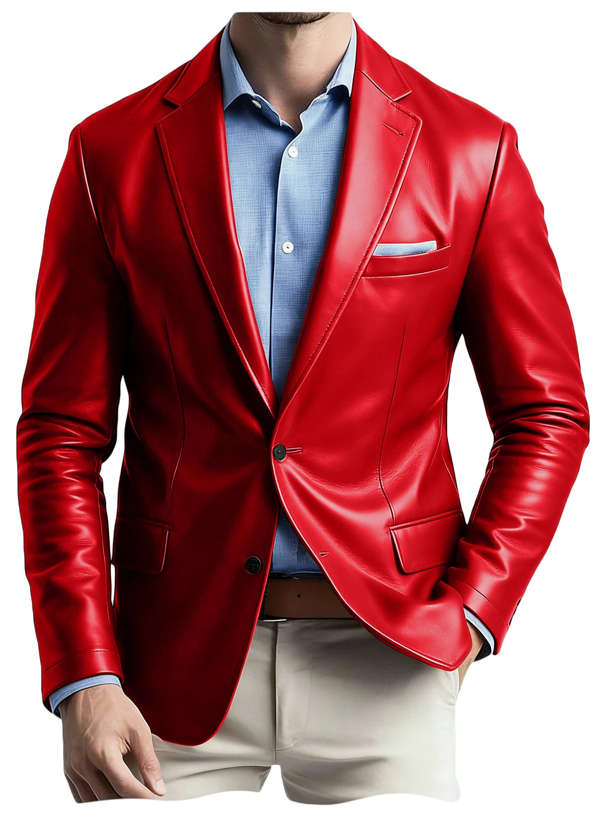 Men's Faux Leather Blazer Notch Lapel Flap Pockets Slim Fit Suit Jacket Coats For Casual Business Wedding Party