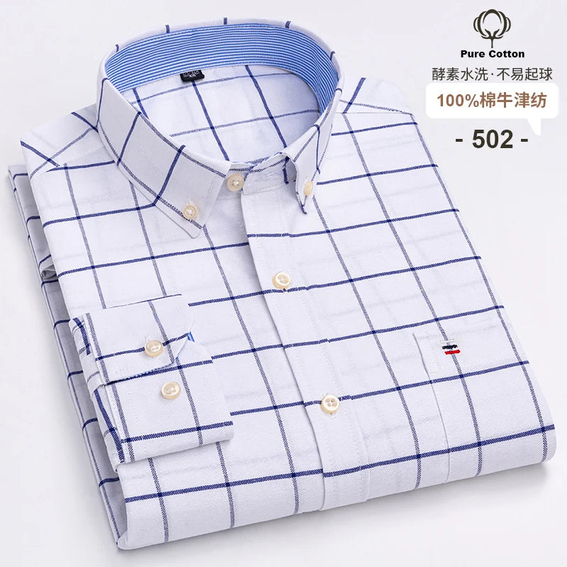 Men's Social Shirts Long Sleeve 100%Pure Cotton Oxford Buttoned Plaid Formal Male Casual Clothes Oversized Shirt Plus Size S-7XL