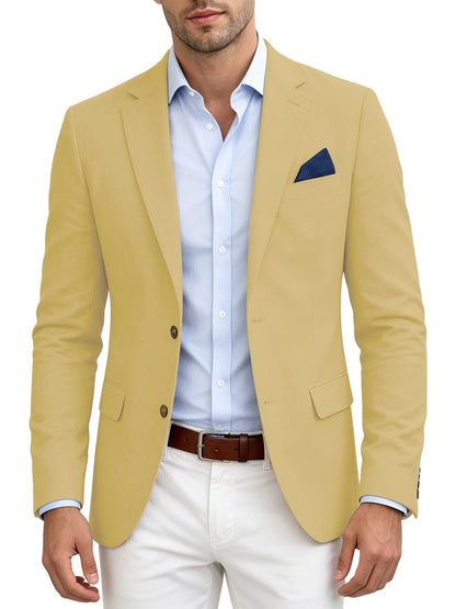 Men's Linen Blend Blazer Notched Lapel Two Button Breathable Suit Jacket For Business Casual Wedding Daily Wear