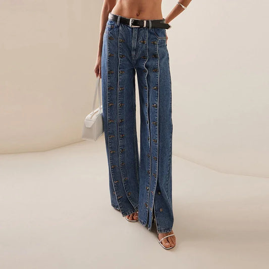 Women's Spring Autumn Stylish Button Jeans Pants 2025 New Vintage Denim Long Vintage Trousers Woman Bottoms Clothes for Ladies