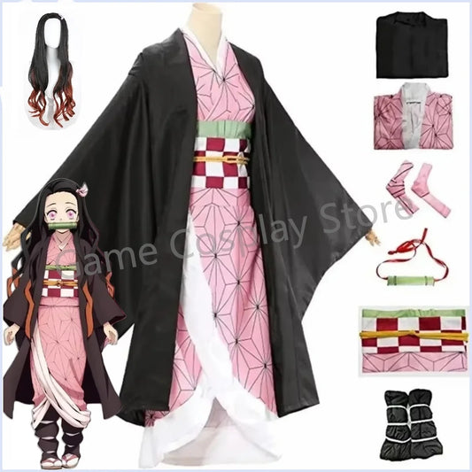 Anime Nezuko Cosplay Kamado Nezuko Cosplay Costume Nezuko Wig Uniform with Props for Adult