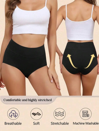 5 Pack Women High Waist Cotton Brief Soft Stretch Full Coverage Panties