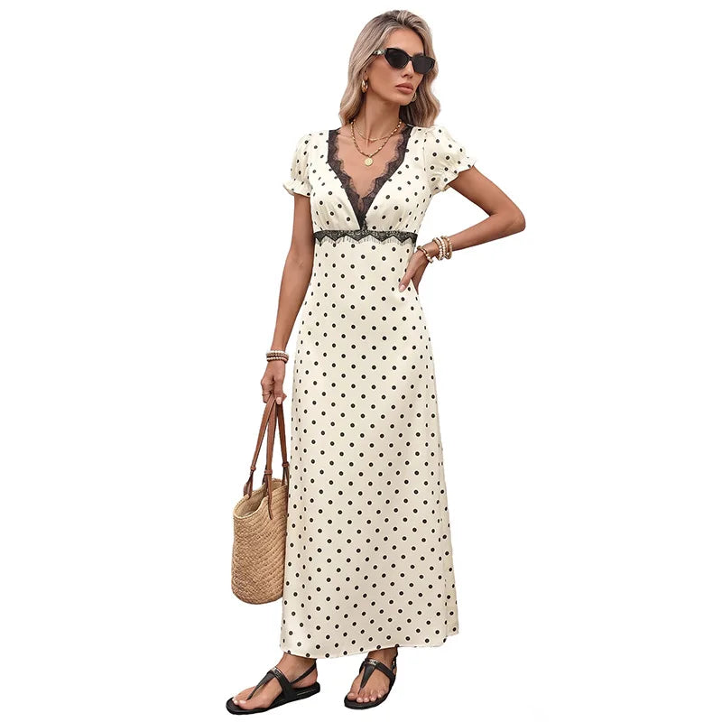 Women's Summer French Vintage Polka Dot Dress Sexy V Neck Lace Trim Short Sleeve Long Maxi Dress Vacation Beach Outfit 2026