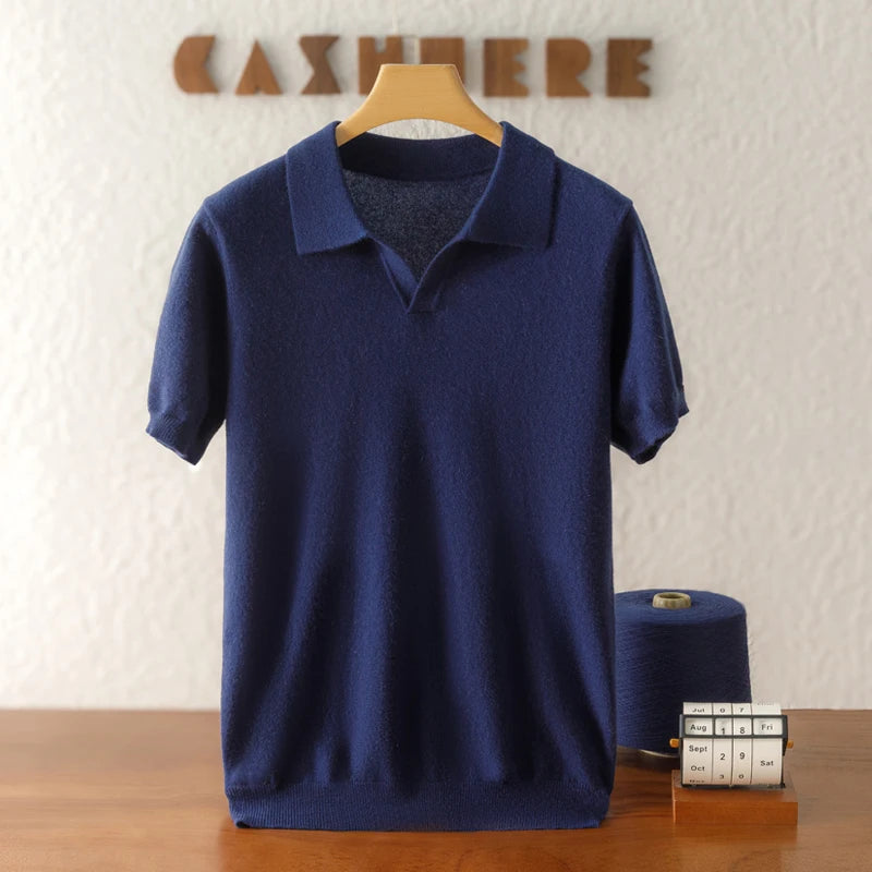 100% Pure Cashmere Sweater Men's Seagull Collar 5-Point Sleeve T-Shirt Short Sleeve Spring and Autumn Conventional Thickness