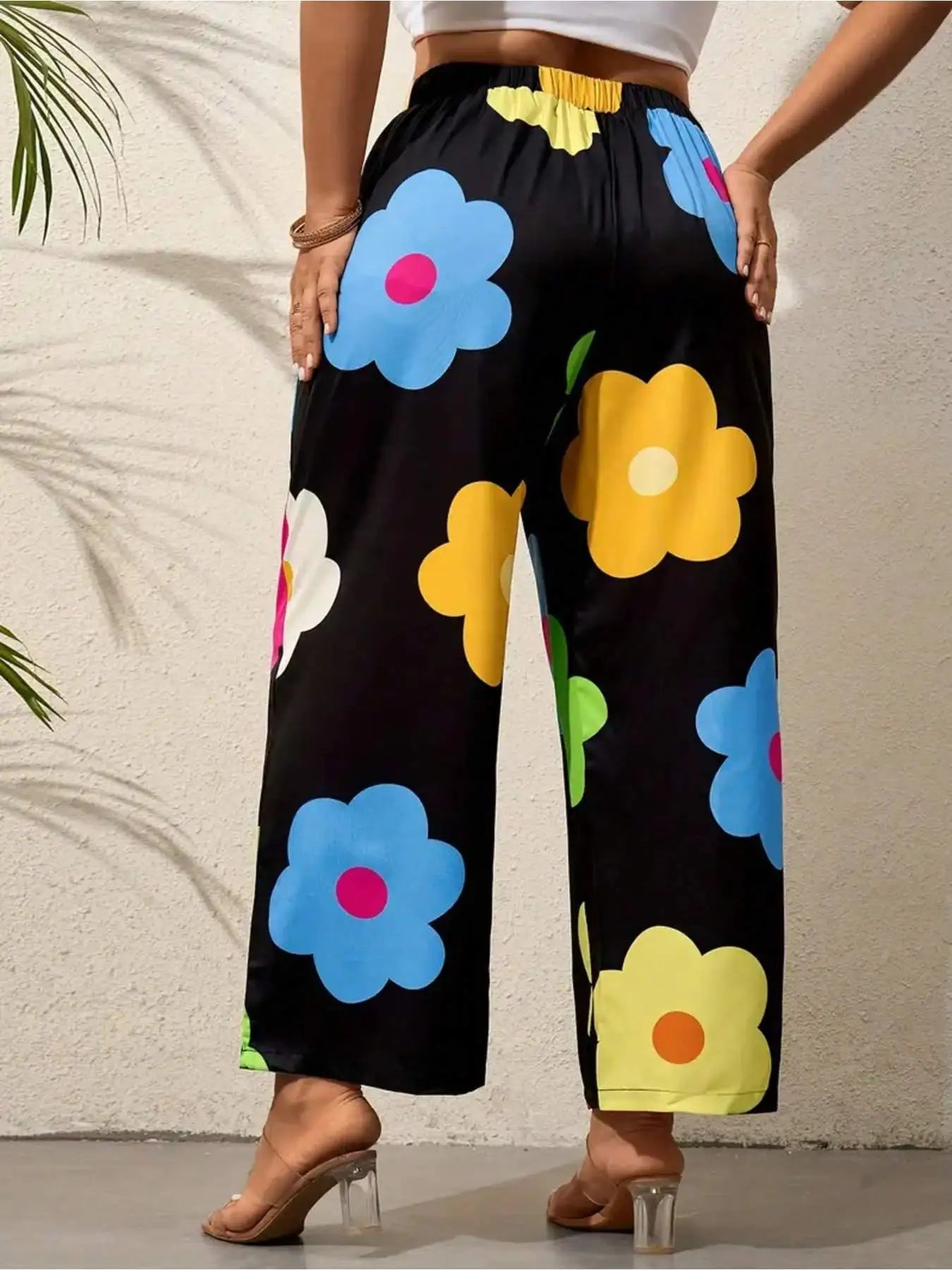 Plus Size Colorful Flower Print Wide Leg Pants, Vacation Style High Waist Pants For Spring & Summer, Women's Plus Size Clothing