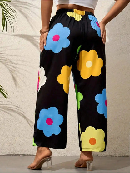 Plus Size Colorful Flower Print Wide Leg Pants, Vacation Style High Waist Pants For Spring & Summer, Women's Plus Size Clothing