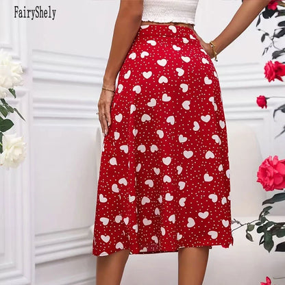 Fairyshely Casual Red Heart Print Long Skirt For Women 2026 Summer Split High Waist Midi Skirt Lady Elegant A line Loose Skirt