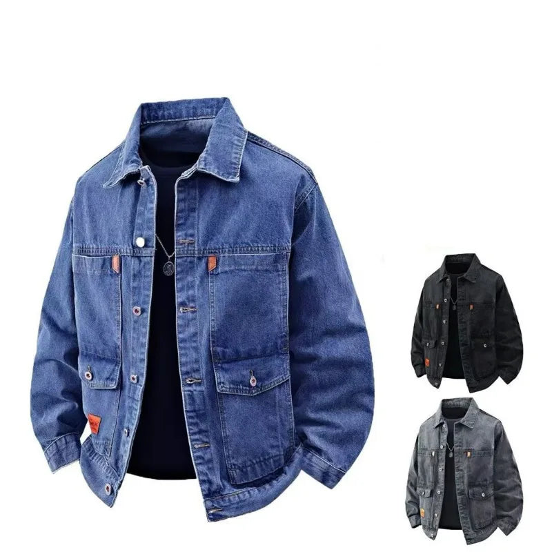 Spring Autumn Men Denim Coat Simple Solid Color Turn Down Collar Male Outerwear Single-breasted Long Sleeve Casual Man Jacket