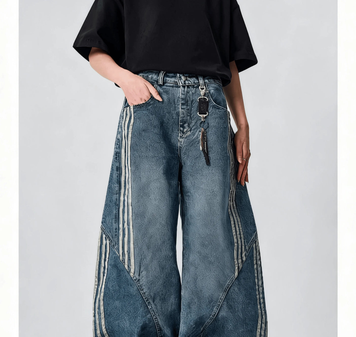 Women Wide Leg Jeans Vintage Y2K Reconstruction Custom Distressed Wash Stripe Denim Pants Trendy Comfort Fit