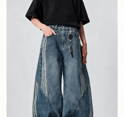 Women Wide Leg Jeans Vintage Y2K Reconstruction Custom Distressed Wash Stripe Denim Pants Trendy Comfort Fit