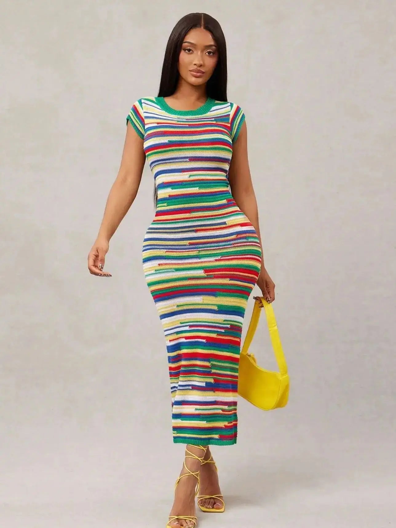 Multi-color rainbow-striped knitted round-neck short-sleeved dress, suitable for various daily outfits, elegant and casual women