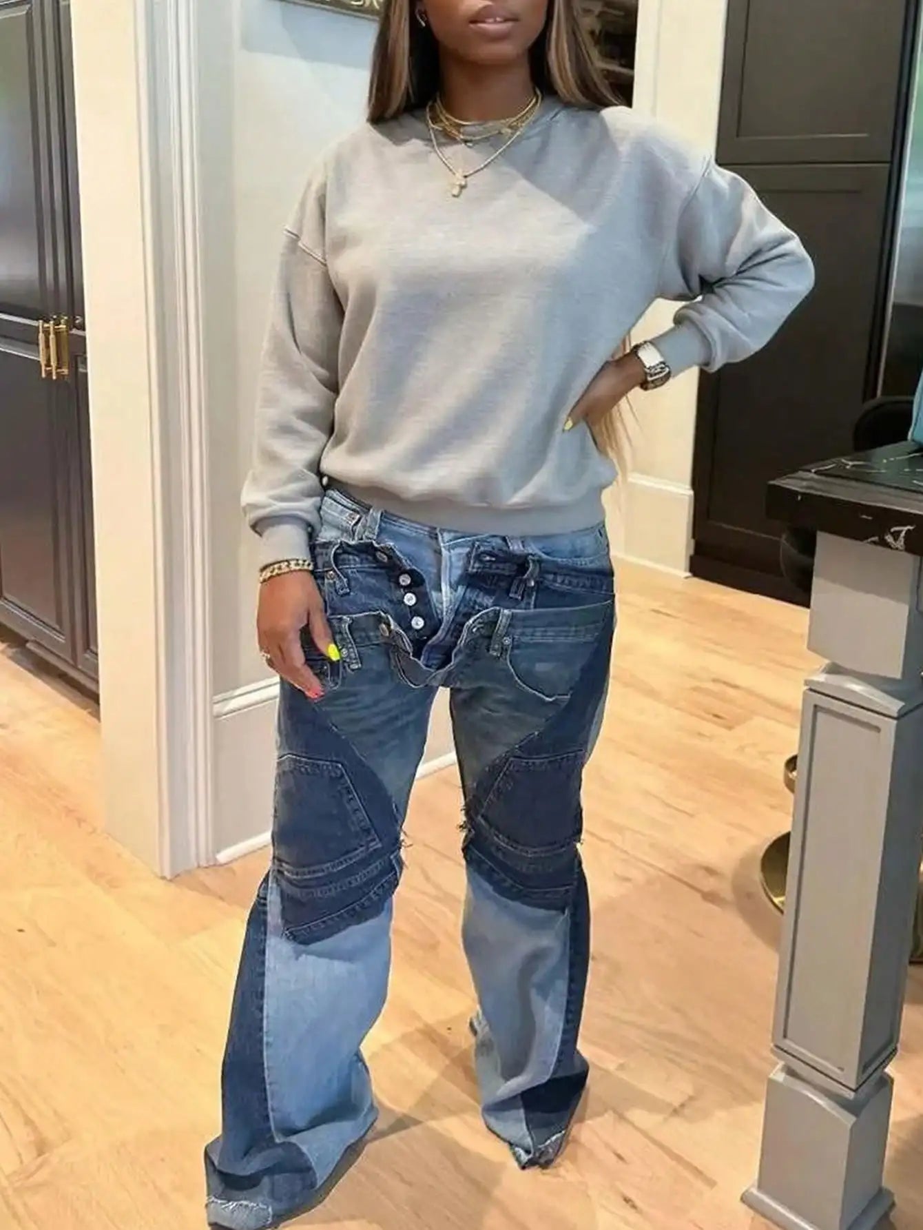 GLOURI Women's Flare Jeans, Vintage Washed High Stretch Deconstructed Denim Pants with Pockets, Casual Bell Bottom Jeans