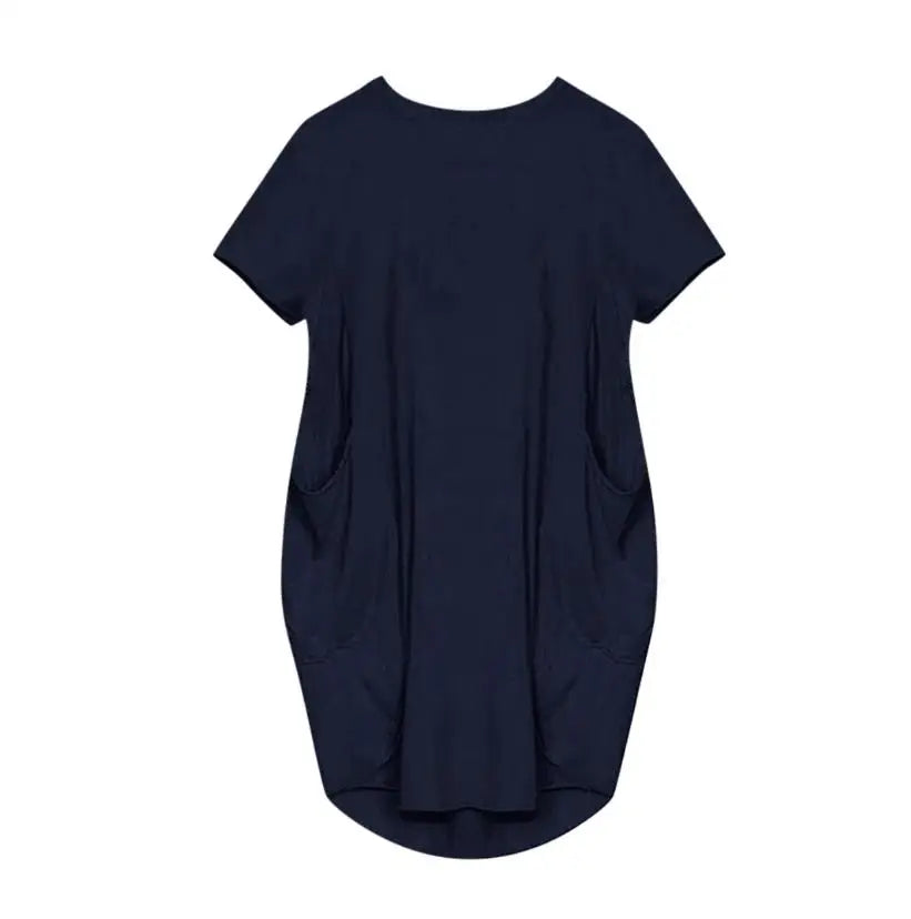 Plus Size Women Short Sleeve O-Neck Loose Casual Dresses Casual Short Sleeve Shirt Mini Dresses Round Neck Pockets Sexy Female T