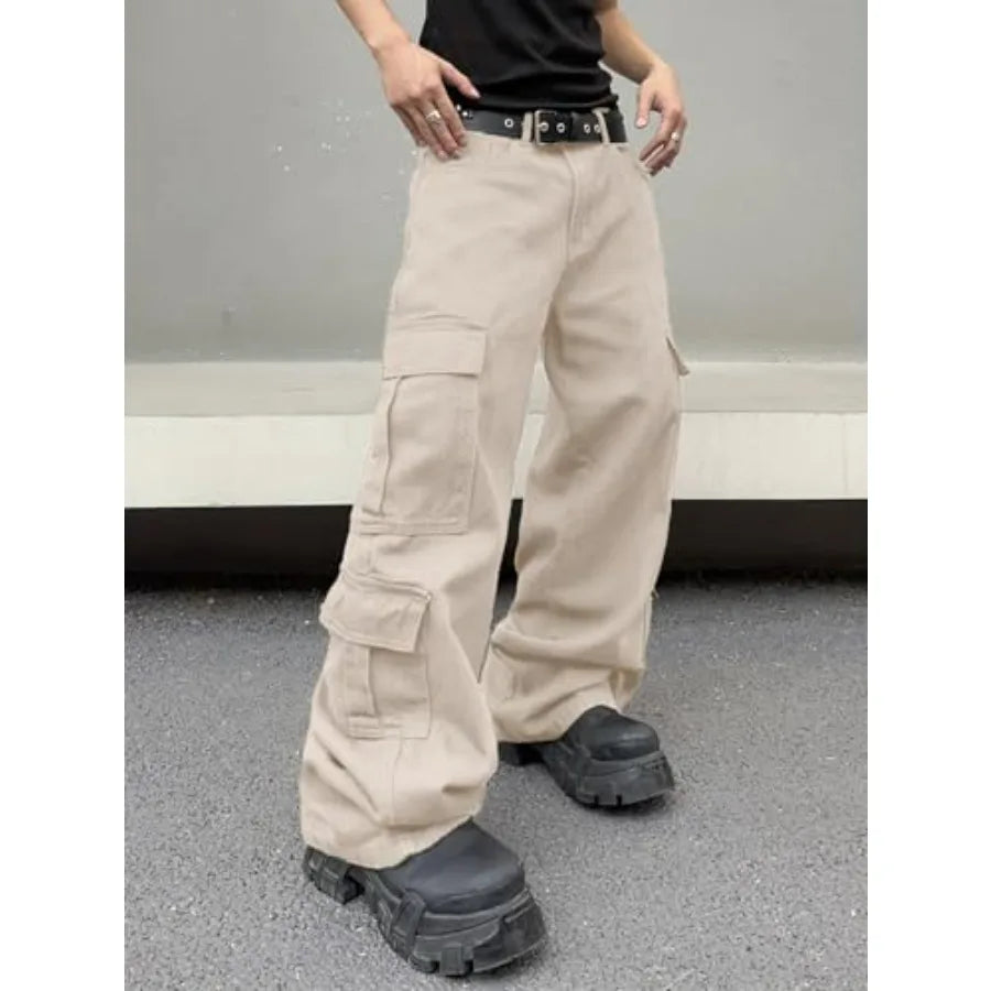 Baggy Denim Cargo Pants for Men with Pockets Mid Weight Wide Leg Hip Hop Skater Jeans Streetwear