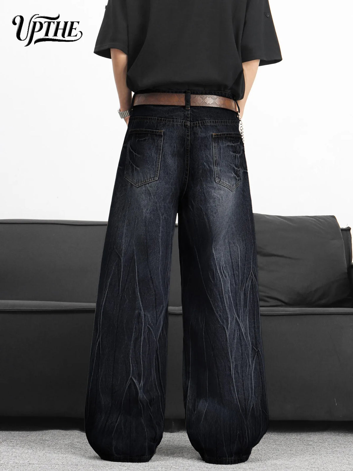 UP.THE Men Black Gradient Cracked Wash Baggy Wide Leg Jeans, Y2K Oversized Loose Distressed Denim Pants, Grunge Streetwear Trousers for Daily Outfits