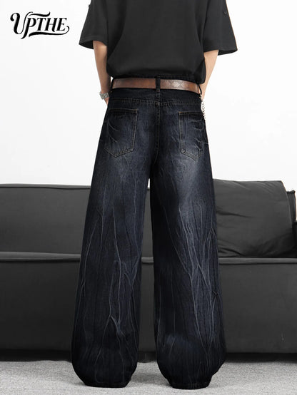 UP.THE Men Black Gradient Cracked Wash Baggy Wide Leg Jeans, Y2K Oversized Loose Distressed Denim Pants, Grunge Streetwear Trousers for Daily Outfits