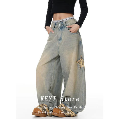 American Retro Y2K Style Star Patchwork Baggy Women's Jeans Pants  Clothing Washed Blue Wide Leg Loose Denim Trousers