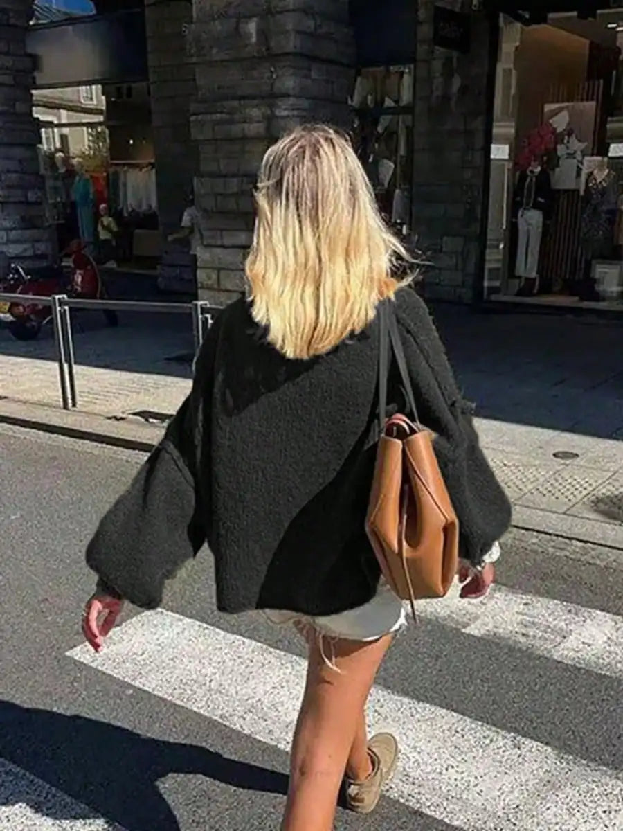 Women's Oversized Pullover Sweaters  Fall Winter Mock Neck Lantern Sleeve Crochet Casual Knitted Jumper Tops Solid Color Loose Blouse