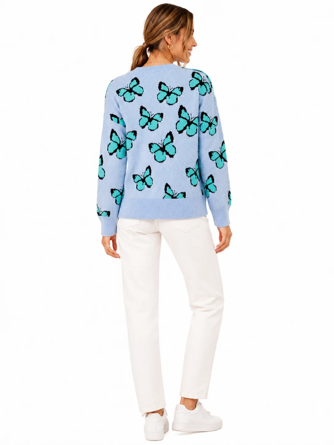 3D Flocking Butterfly Print Knit Sweater for Women Round Neck Drop Shoulder Long Sleeve Loose Pullover Casual Jumper Fall Winter Fashion Streetwear Tops