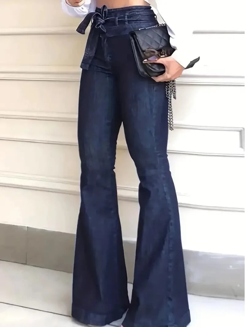 Ladies Deep Blue High Waist Bell Bottom Jeans Elastic Stretch Leg Lengthening Belted Waist